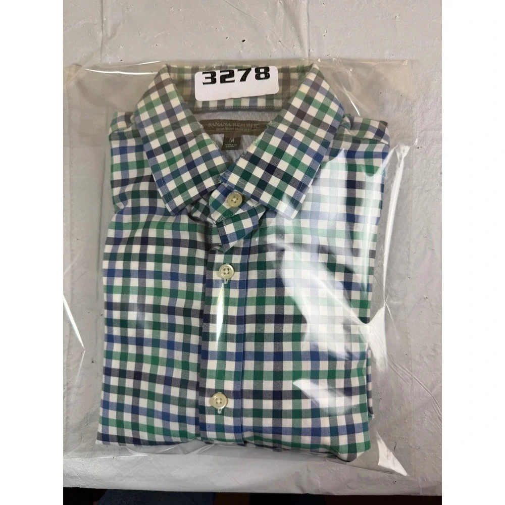 Banana Republic Mens Non-Iron‎ Slim Fit Gingham Button Down Shirt Green Blue M